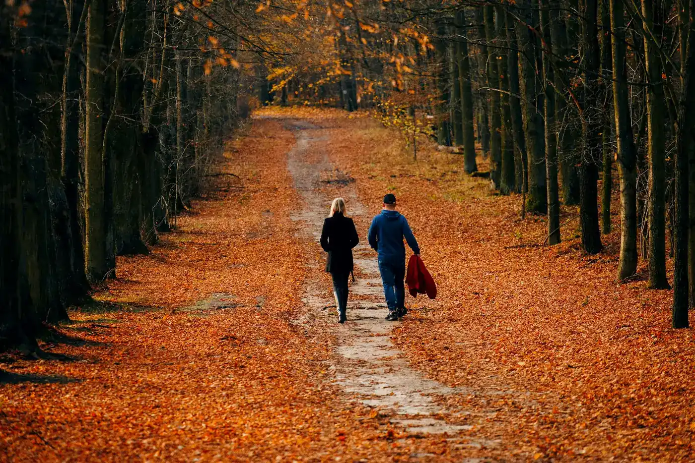 Couple walking together along an autumn path