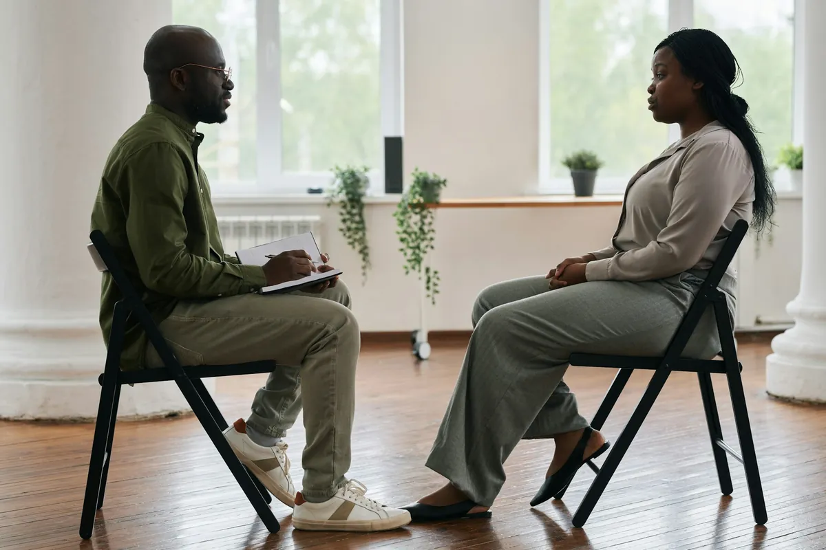 Couple talking with a therapist