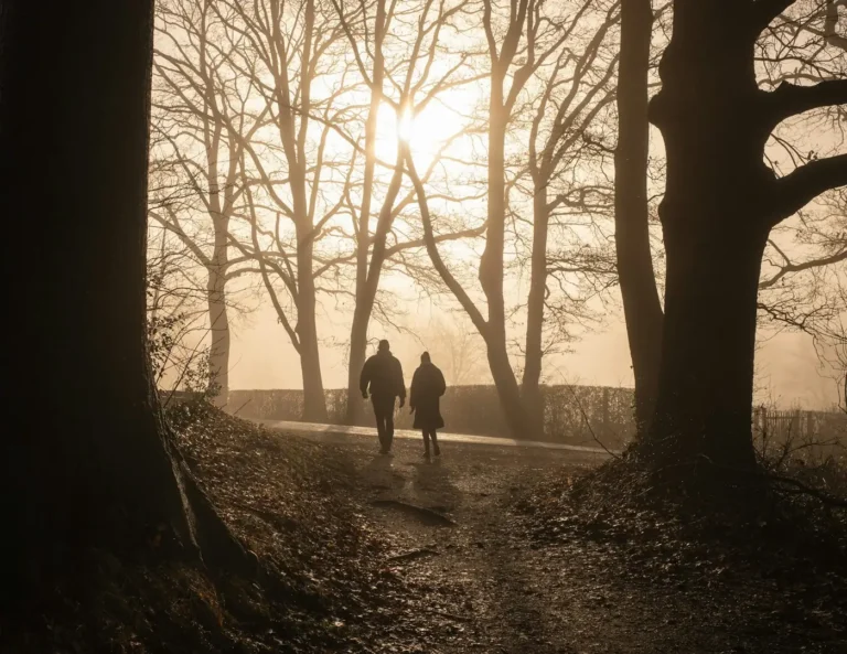 Two people walking a path through the trees